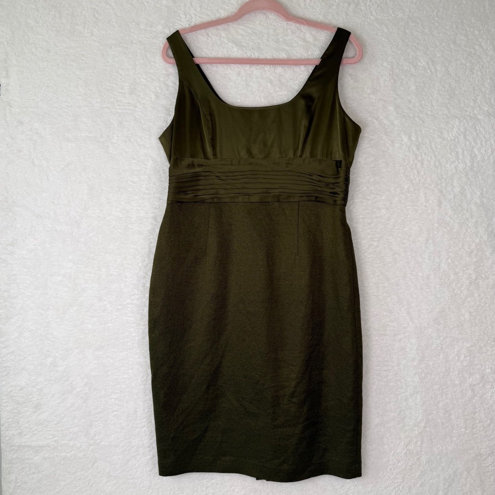 Adrianna Papell Occasions Olive Green Satin Ruched Sheath Dress Size‎ 12